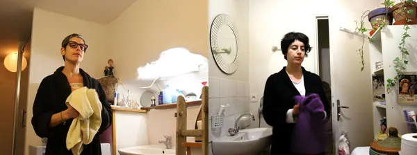 Dans la salle de bain, essuyage de mains. Elle est blafarde et semble abattue. Et ces maigres plantes qui rampent péniblement et ne ressemblent à rien.
Je l'imite amusée, mais elle me plombe. Jamais elle ne rit ? Les instants sont-ils lourds chaque jour ?